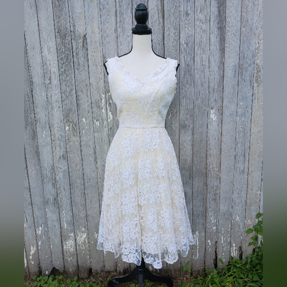 I. Magnin Vintage Lace Cocktail Dress Cream White Pearl Embellished Fit & Flare